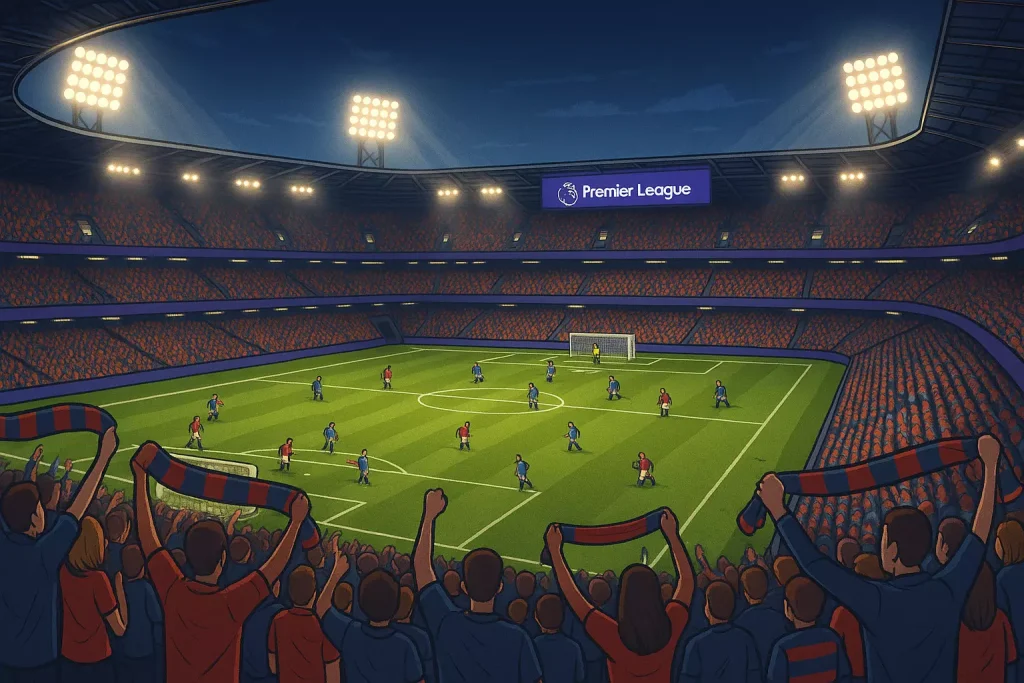 EPL 축구 경기를 보는 관중들과 경기장