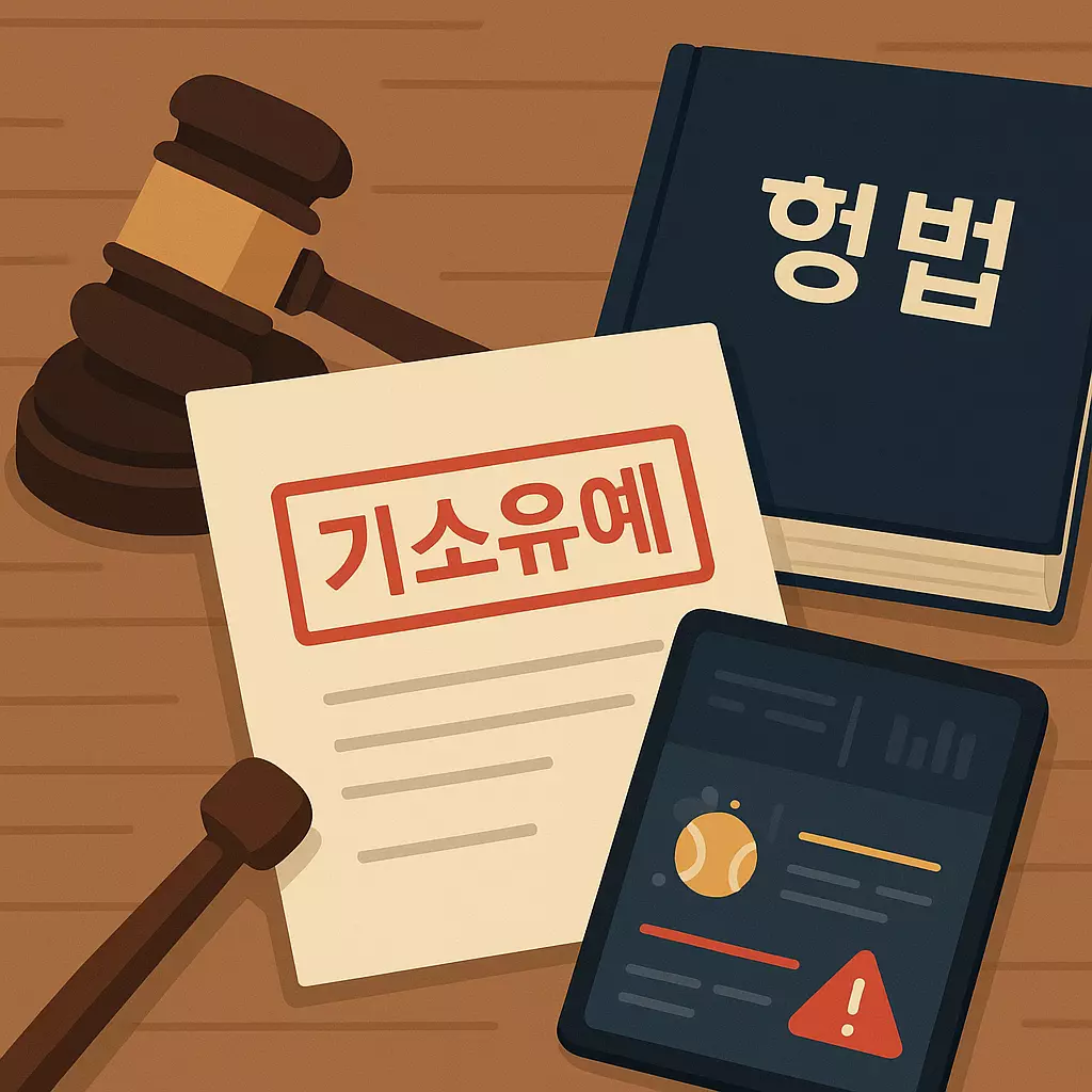 기소유예 결정서와 형법 책이 놓인 책상 위 모습