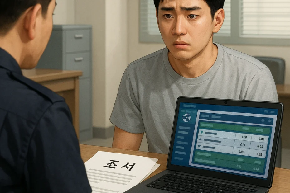 토토사이트 경찰 조사 중. 사설 토토사이트 이용 혐의로 불안해하는 20대 남성의 모습